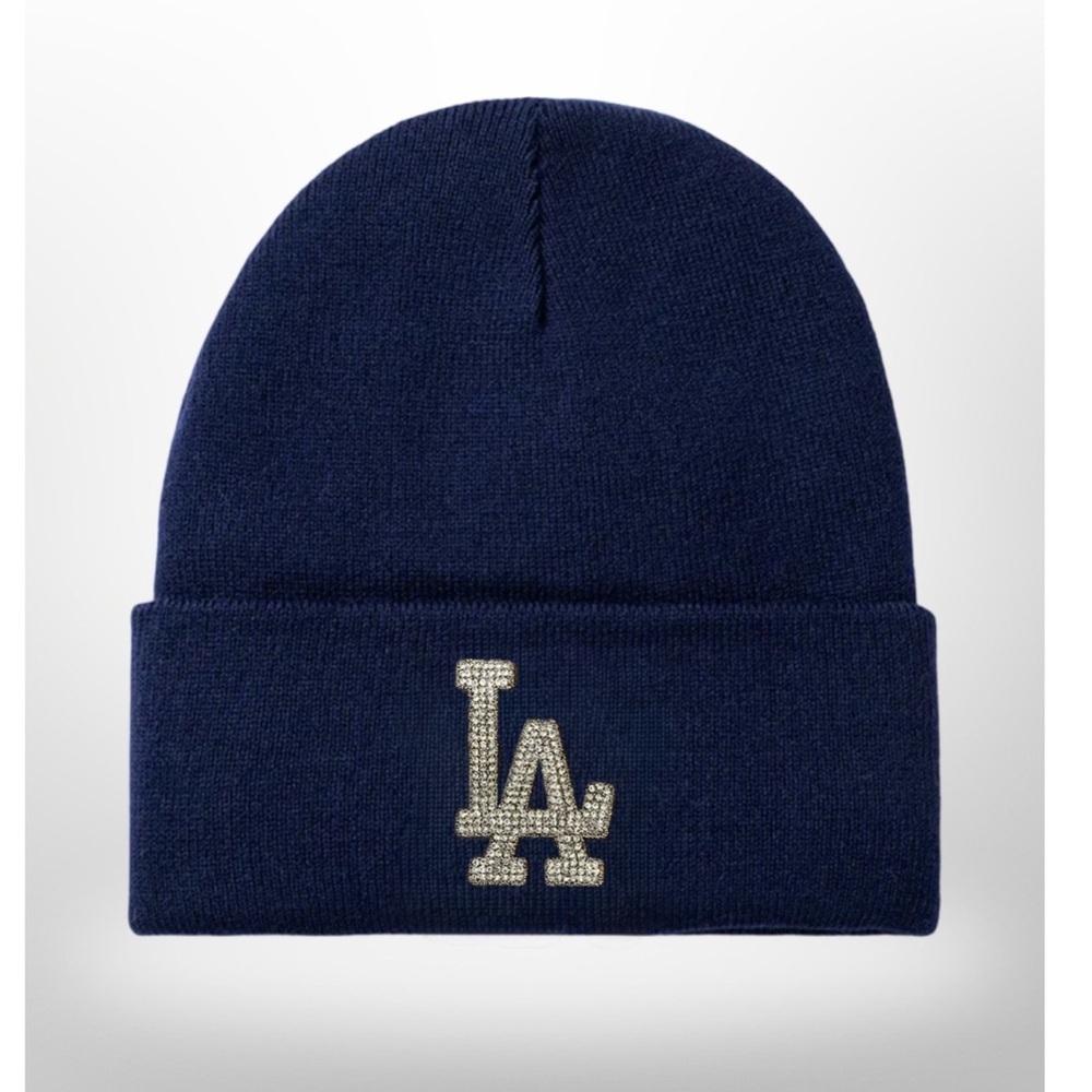 NEW Navy Blue “LA” Satin lined Beanie with (Silver) Rhinestone Logo.